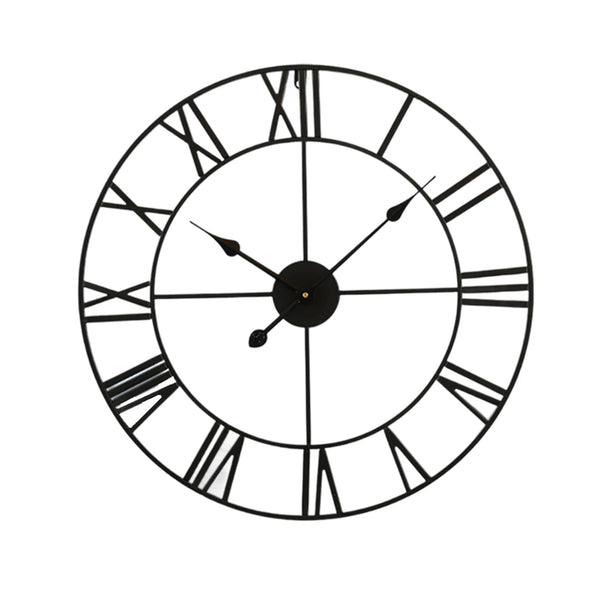 Large Vintage Black Metal Wall Clock | Round Silent Clock with Roman Numerals - POUEV