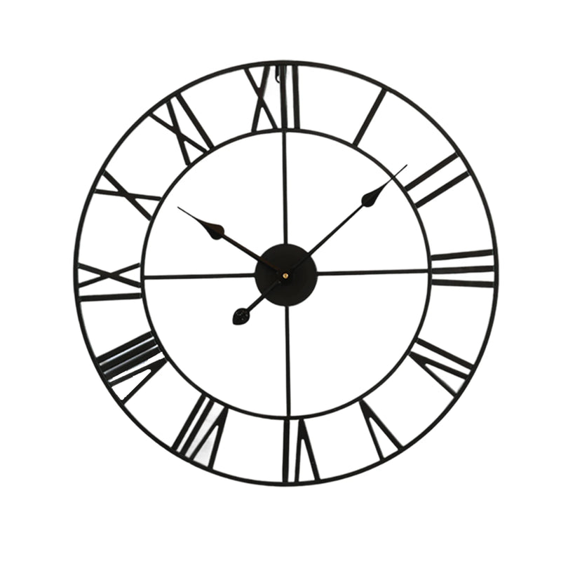 Large Vintage Black Metal Wall Clock | Round Silent Clock with Roman Numerals - POUEV