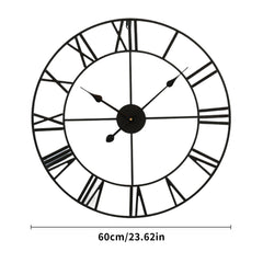 Large Vintage Black Metal Wall Clock | Round Silent Clock with Roman Numerals - POUEV