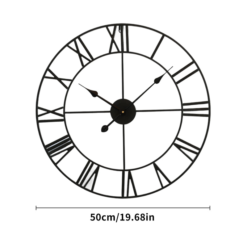 Large Vintage Black Metal Wall Clock | Round Silent Clock with Roman Numerals - POUEV