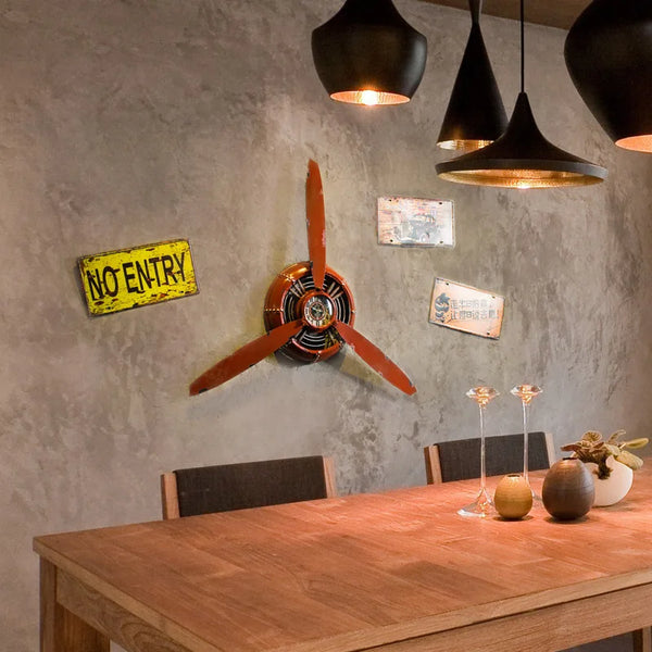 3-kleurige industriële vliegtuigpropeller metalen wandklok | Stille HD-display retro ornament