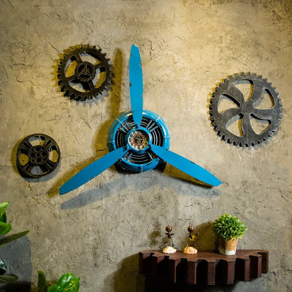 3-kleurige industriële vliegtuigpropeller metalen wandklok | Stille HD-display retro ornament