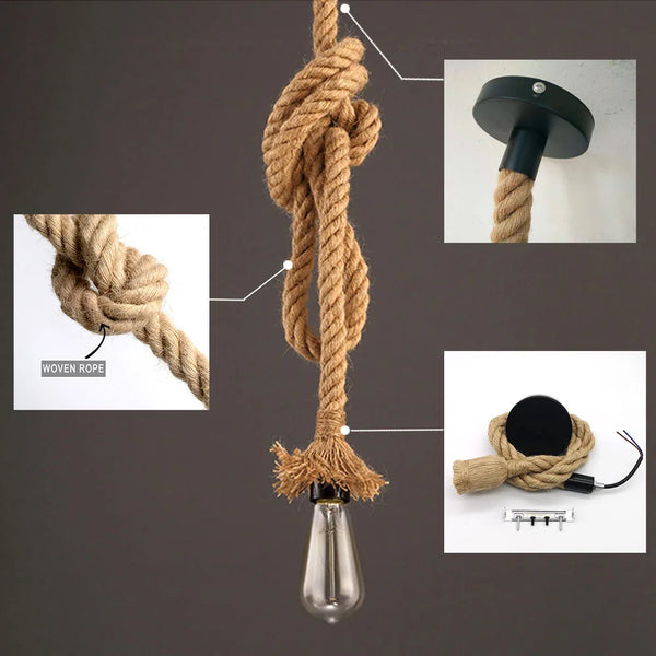 Hemp Rope Pendant Light | Vintage Retro Hanging Lamp E27 | Industrial Decor - POUEV
