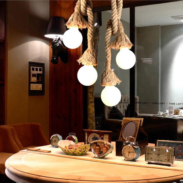 Hemp Rope Pendant Light | Vintage Retro Hanging Lamp E27 | Industrial Decor - POUEV