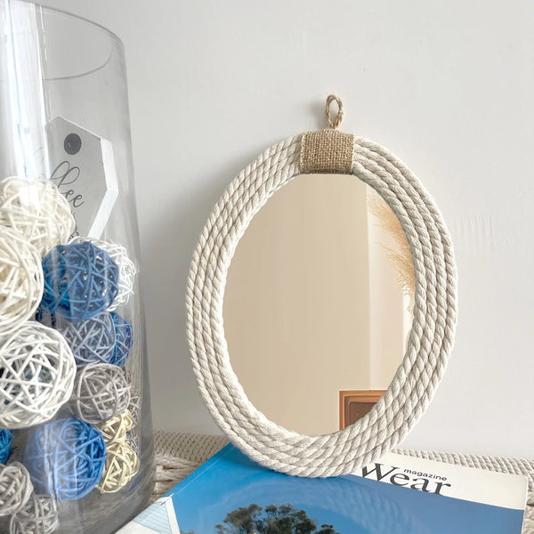 Cotton Rope Oval Mirror | Nautical & Coastal Style with Macrame Fringe | Hanging Oval Decorative Mirror - POUEV