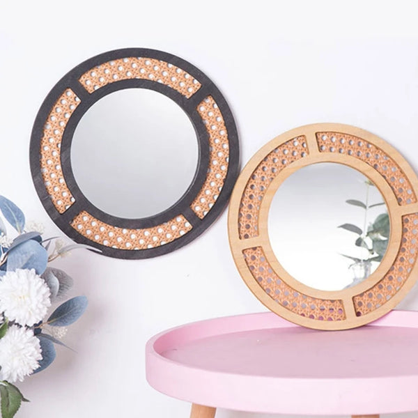 Bohemian Rattan Round Mirror | Stylish Wall Hanging for Bedroom and Living Room Décor - POUEV