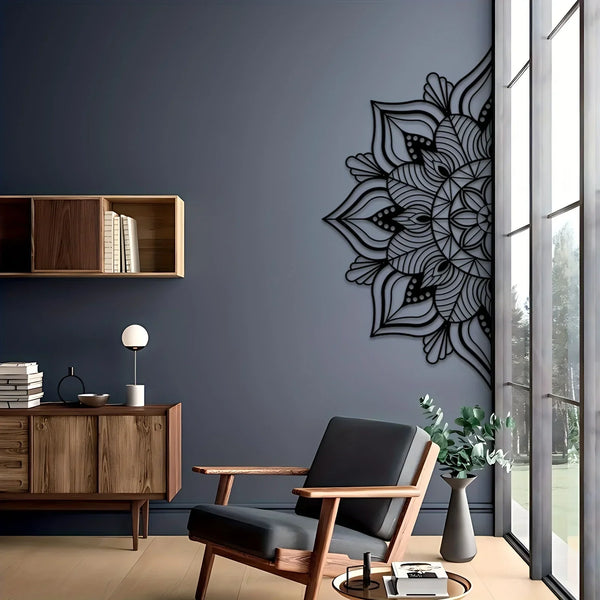 1pc Zwarte Grote Metalen Mandala Wanddecoratie | Unieke Lotusbloem Wandkunst