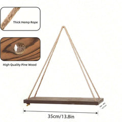 Wooden Hanging Shelf | Woven Rope Wall Shelf for Plants and Decor - POUEV