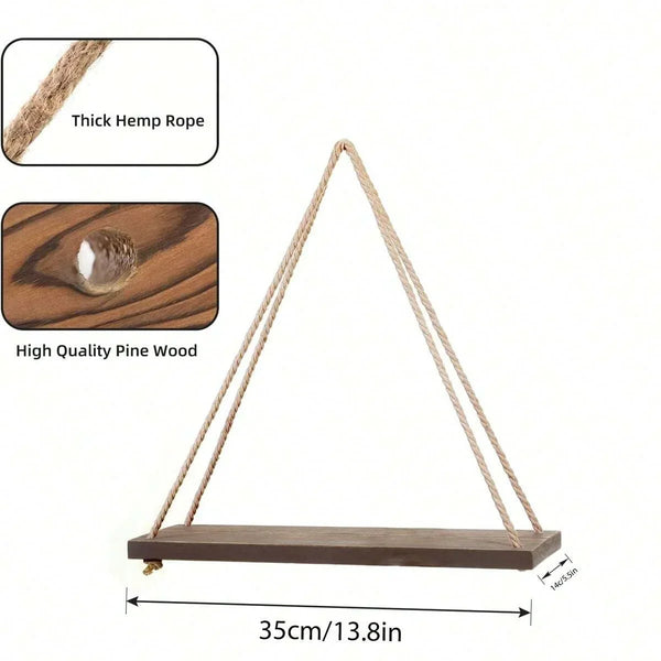 Wooden Hanging Shelf | Woven Rope Wall Shelf for Plants and Decor - POUEV