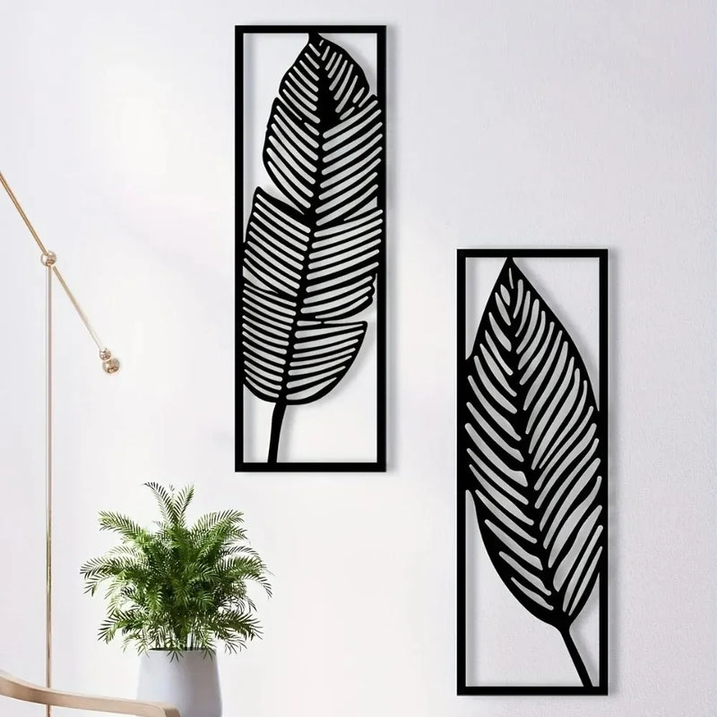 Decoratieve bladeren metalen wandkunst: set van 2 | Zwarte metalen hangende bladeren | Elegante ijzeren kunst