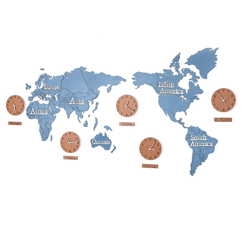 Nordic Wooden World Map Wall Clock | Silent Large Decorative Clock - POUEV
