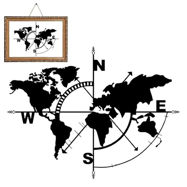 Metalen wereldkaart wanddecoratie | Kompas ontwerp wanddecoratie
