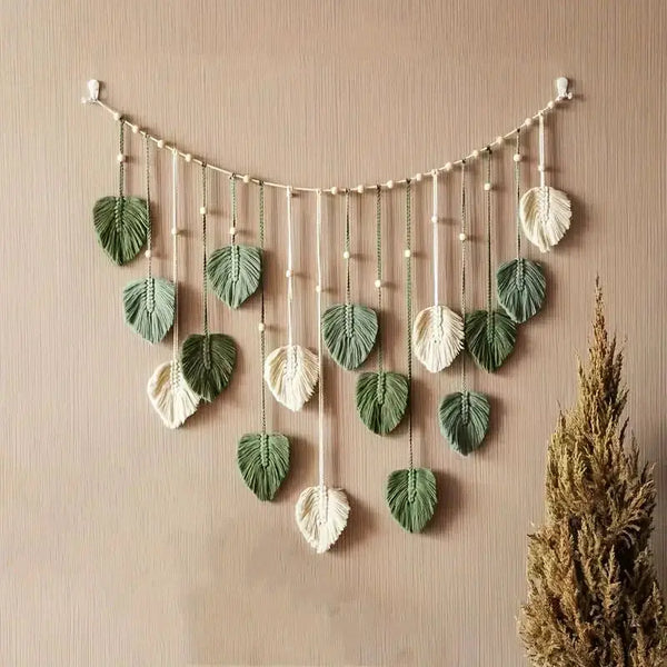 Boho Macramé Tapestry | Macramé Leaf Feather Wall Hanging | Boho Wall Art for Living Room and Bedroom - POUEV
