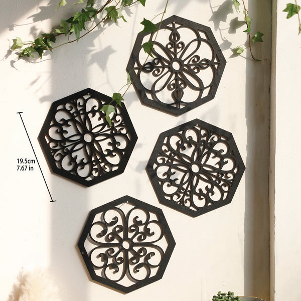 4 stuks zwarte houten holle wanddecoratie | Boho gesneden ontwerpen in zeshoekige en vierkante vormen