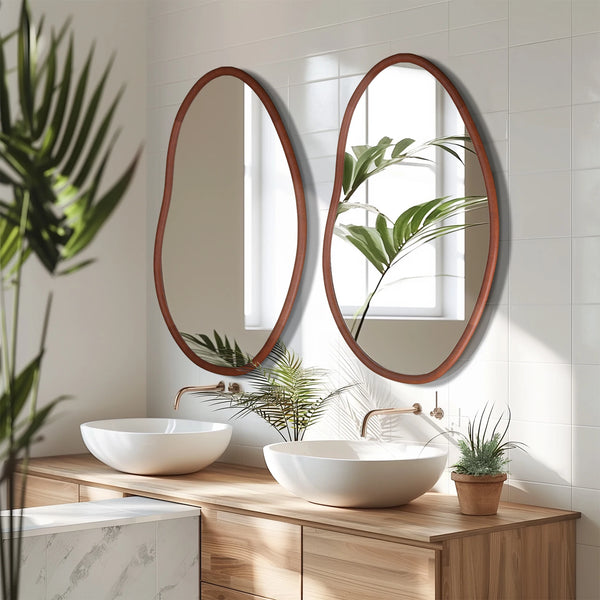 Irregular Large Wall Mirror with Solid Wooden Frame | Decorative Accent Mirror for Living Room, Dining Room & Bedroom - POUEV
