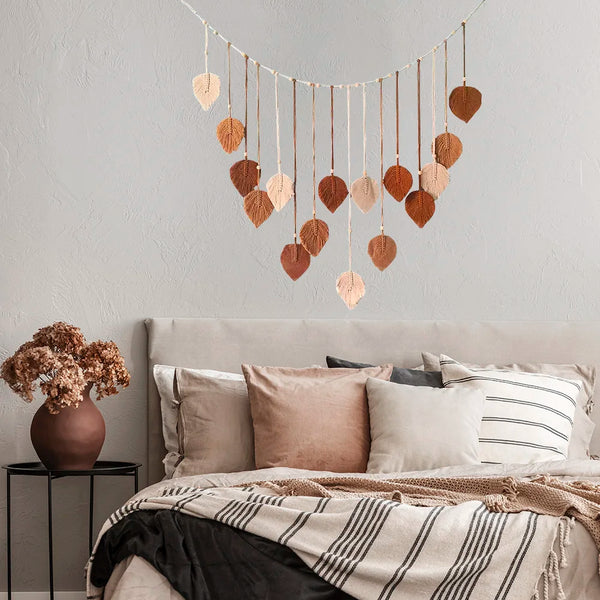 Boho Macramé Tapestry | Macramé Leaf Feather Wall Hanging | Boho Wall Art for Living Room and Bedroom - POUEV