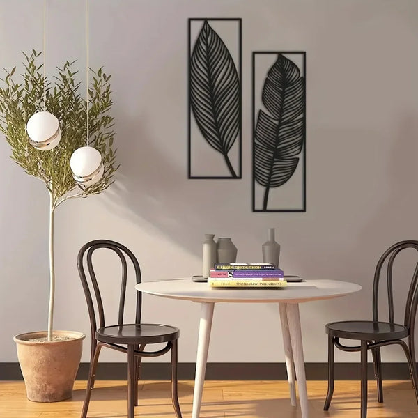 Decoratieve bladeren metalen wandkunst: set van 2 | Zwarte metalen hangende bladeren | Elegante ijzeren kunst