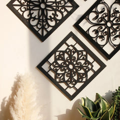 4 stuks zwarte houten holle wanddecoratie | Boho gesneden ontwerpen in zeshoekige en vierkante vormen