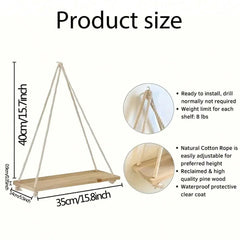 Wooden Hanging Shelf | Woven Rope Wall Shelf for Plants and Decor - POUEV