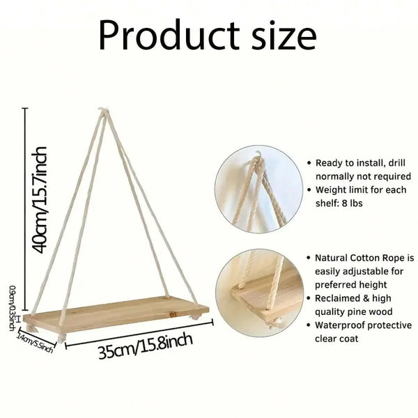 Wooden Hanging Shelf | Woven Rope Wall Shelf for Plants and Decor - POUEV