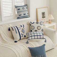 Nordic Blauwe Tufted Kussenhoes | Geometrisch Streep Design | Decoratie Sofa - POUEV