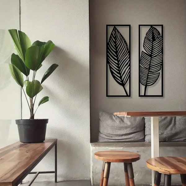 Decoratieve bladeren metalen wandkunst: set van 2 | Zwarte metalen hangende bladeren | Elegante ijzeren kunst