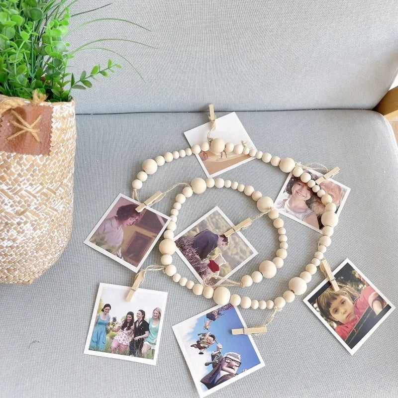 Photo Display Wall Hanging Decor | Boho Wooden Beads Macrame Tapestry for Home Décor - POUEV