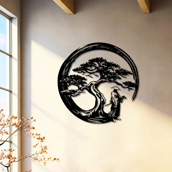 Japanse Bonsai Boom Metalen Wandkunst | 15,7x15,7 Tori Gate Enso Uitsparing