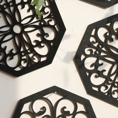4 stuks zwarte houten holle wanddecoratie | Boho gesneden ontwerpen in zeshoekige en vierkante vormen