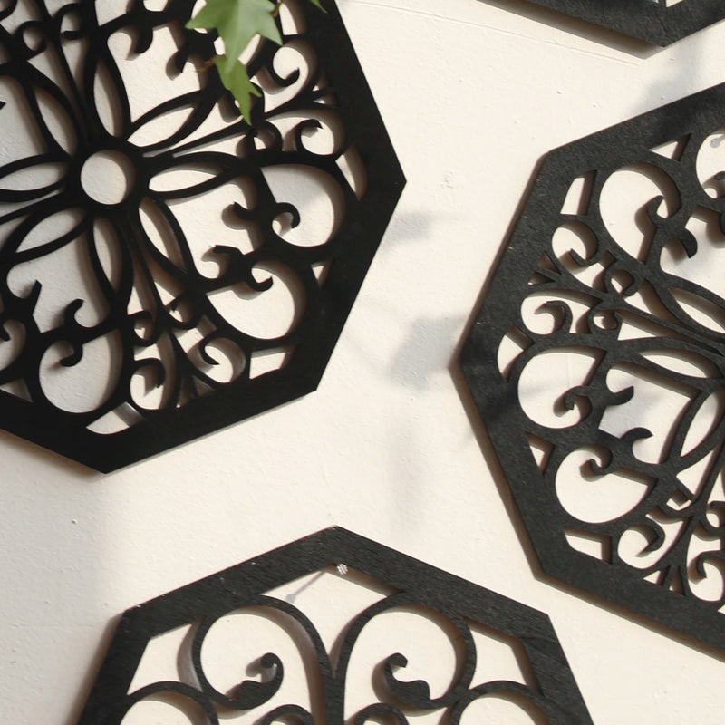 4 stuks zwarte houten holle wanddecoratie | Boho gesneden ontwerpen in zeshoekige en vierkante vormen