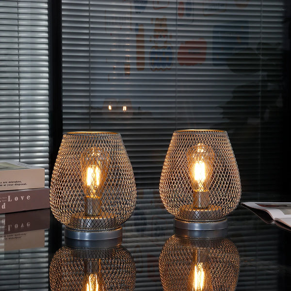Set of 2 Metal Cage Table Lamp | Vintage Battery Operated LED Lantern - POUEV
