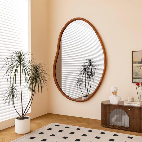 Irregular Large Wall Mirror with Solid Wooden Frame | Decorative Accent Mirror for Living Room, Dining Room & Bedroom - POUEV