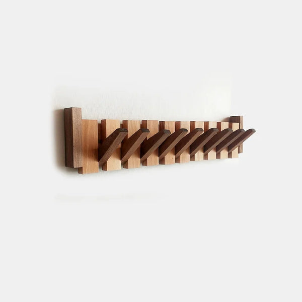 Wall-Mounted Coat Rack | Beech & Walnut Hook Hanger with Foldable Shelf | Wooden Home Decor for Bedroom Closets - POUEV