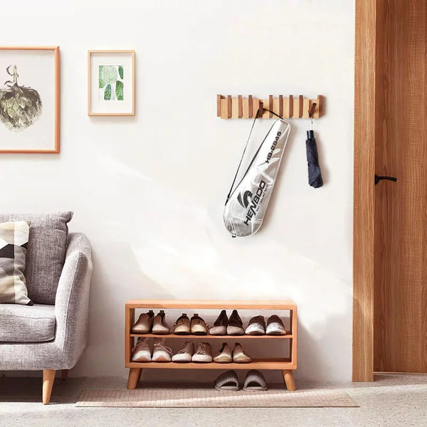 Wall-Mounted Coat Rack | Beech & Walnut Hook Hanger with Foldable Shelf | Wooden Home Decor for Bedroom Closets - POUEV