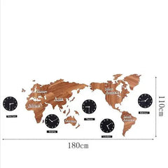 Nordic Wooden World Map Wall Clock | Silent Large Decorative Clock - POUEV