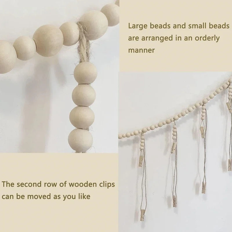 Photo Display Wall Hanging Decor | Boho Wooden Beads Macrame Tapestry for Home Décor - POUEV