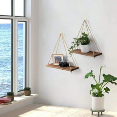 Wooden Hanging Shelf | Woven Rope Wall Shelf for Plants and Decor - POUEV