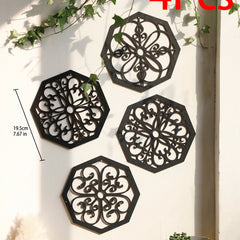 4 stuks zwarte houten holle wanddecoratie | Boho gesneden ontwerpen in zeshoekige en vierkante vormen