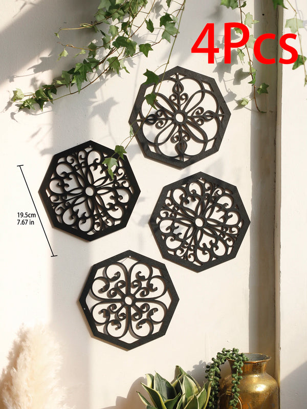 4 stuks zwarte houten holle wanddecoratie | Boho gesneden ontwerpen in zeshoekige en vierkante vormen