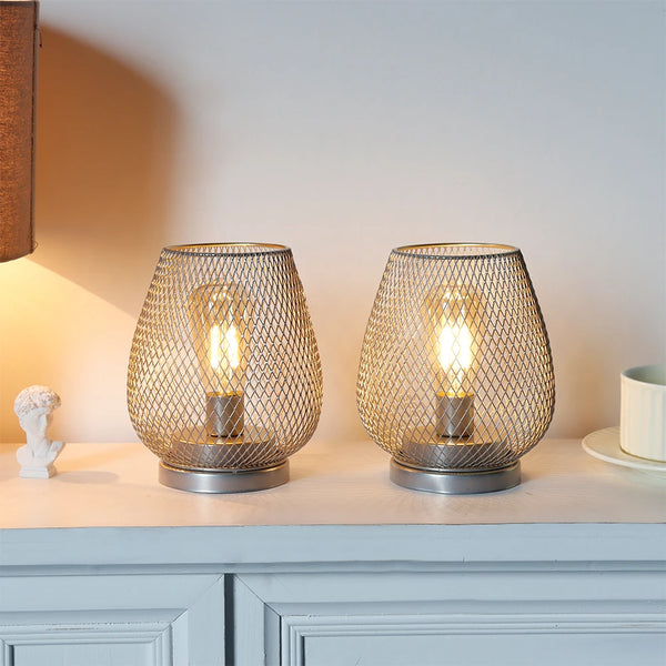 Set of 2 Metal Cage Table Lamp | Vintage Battery Operated LED Lantern - POUEV