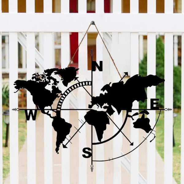 Metalen wereldkaart wanddecoratie | Kompas ontwerp wanddecoratie