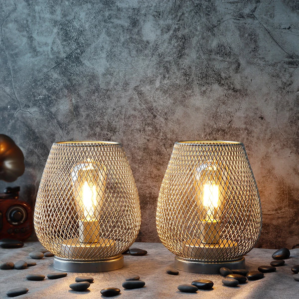 Set of 2 Metal Cage Table Lamp | Vintage Battery Operated LED Lantern - POUEV