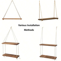 Wooden Hanging Shelf | Woven Rope Wall Shelf for Plants and Decor - POUEV