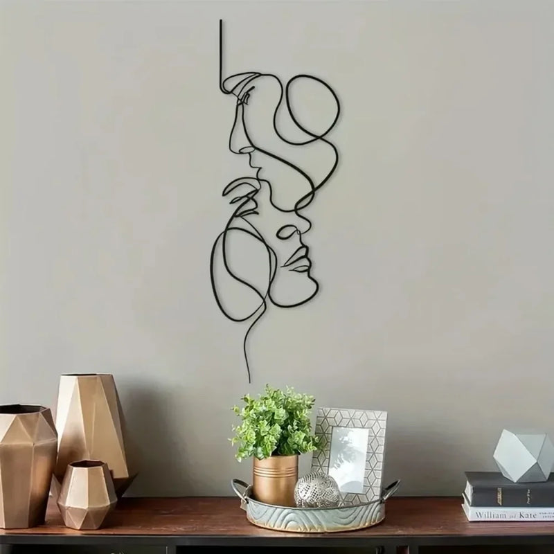 Minimalistic Metal Wall Art - Abstract Face Line Black Iron Sculpture for Modern Interiors - POUEV