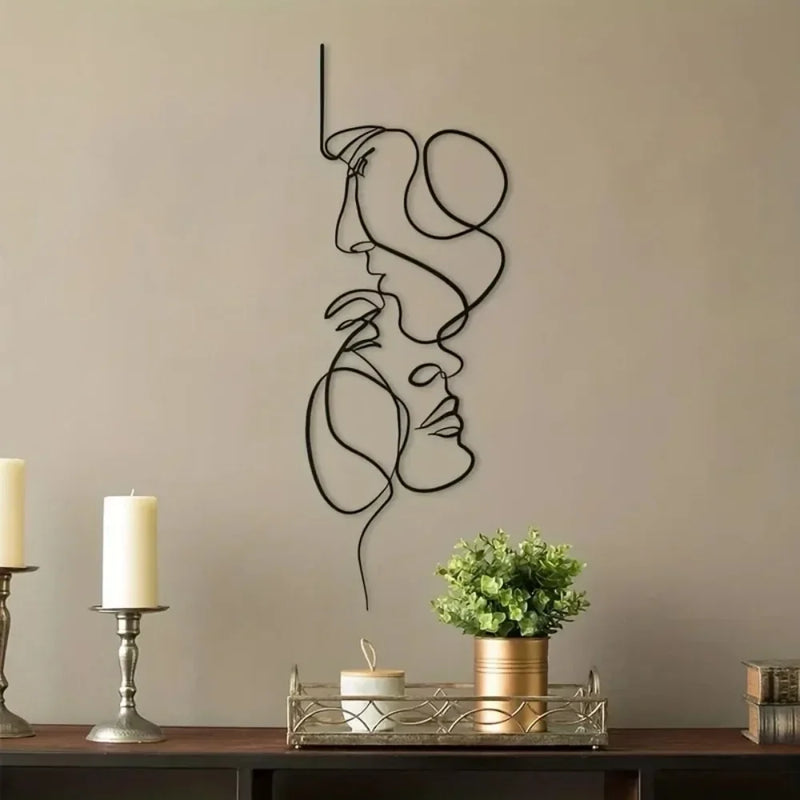 Minimalistic Metal Wall Art - Abstract Face Line Black Iron Sculpture for Modern Interiors - POUEV