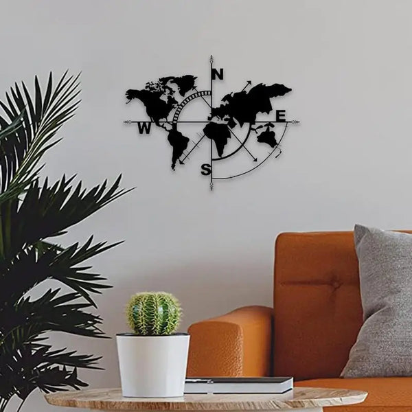 Metalen wereldkaart wanddecoratie | Kompas ontwerp wanddecoratie