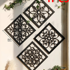4 stuks zwarte houten holle wanddecoratie | Boho gesneden ontwerpen in zeshoekige en vierkante vormen
