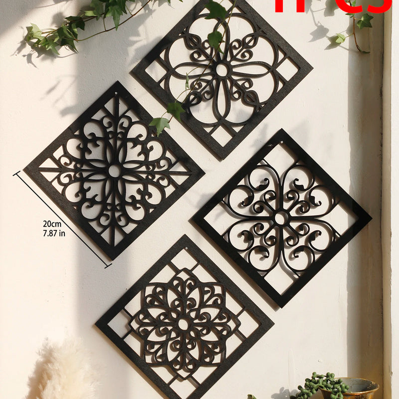 4 stuks zwarte houten holle wanddecoratie | Boho gesneden ontwerpen in zeshoekige en vierkante vormen