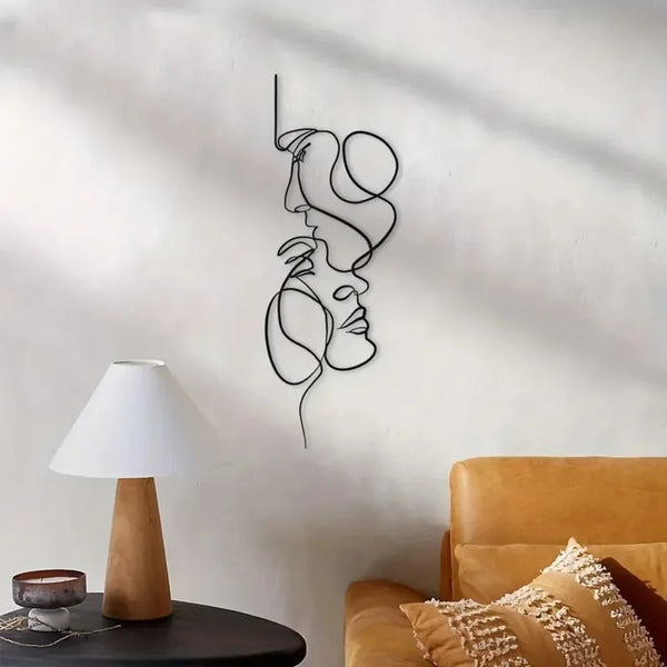Minimalistic Metal Wall Art - Abstract Face Line Black Iron Sculpture for Modern Interiors - POUEV