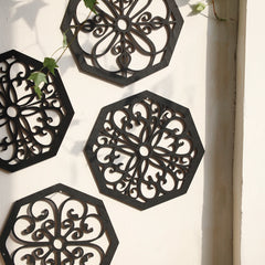4 stuks zwarte houten holle wanddecoratie | Boho gesneden ontwerpen in zeshoekige en vierkante vormen
